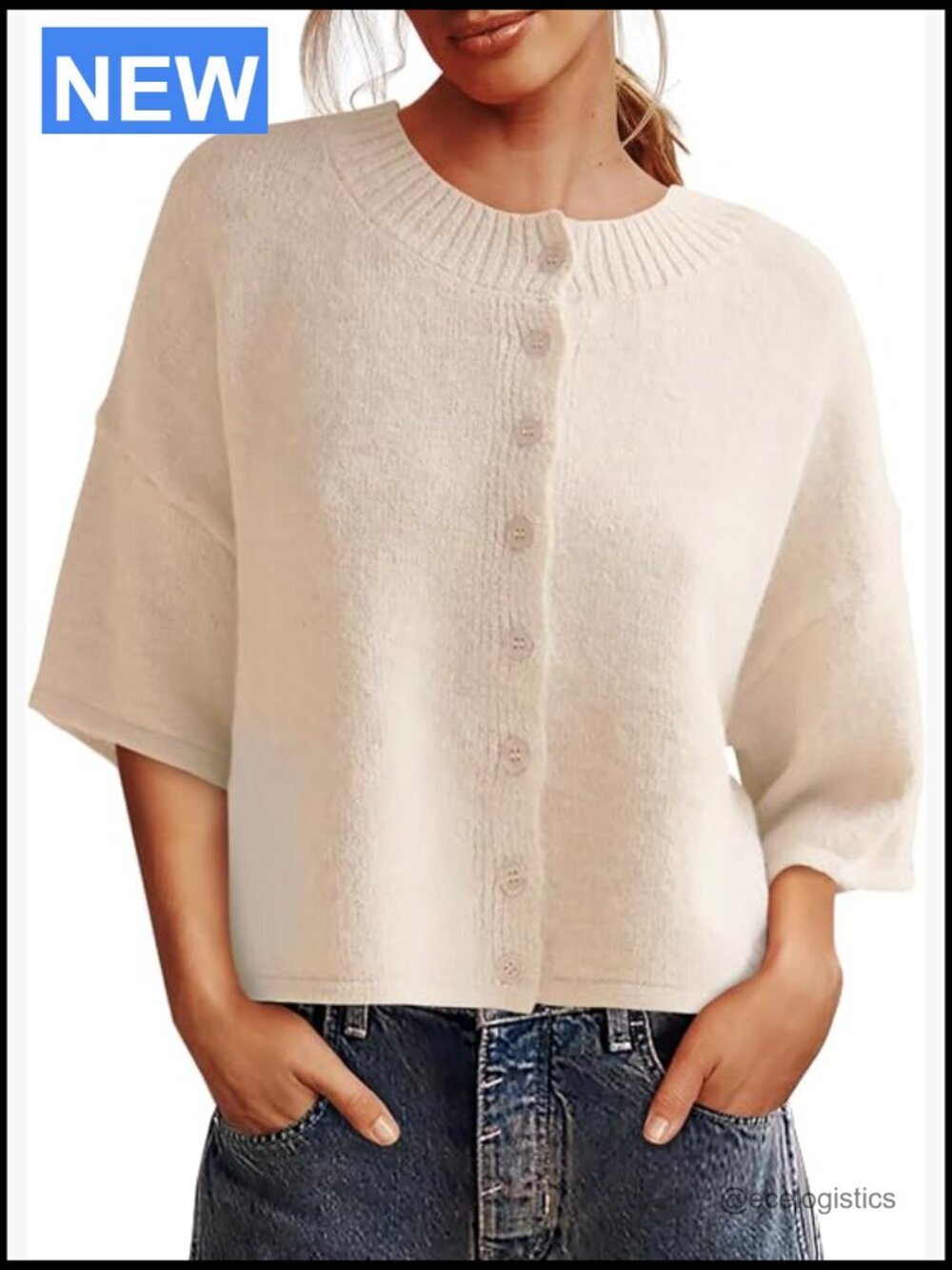 3/4 Sleeve Knit Cropped Cardigan Button Down Crewneck Fall Casual Top